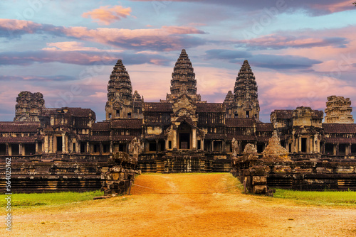 Angkor Wat at sunset sean from the east gate path