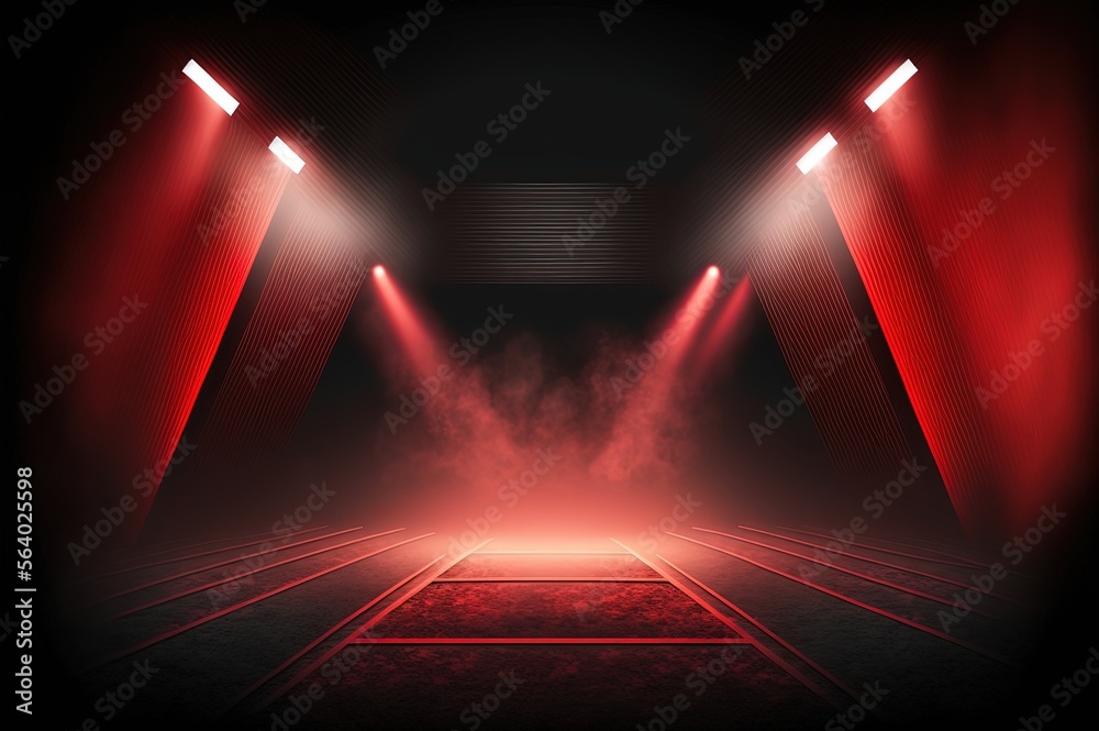 illustration of spotlights shine on stage floor in dark room, idea for background, backdrop, mock up	 Generative Ai - obrazy, fototapety, plakaty 