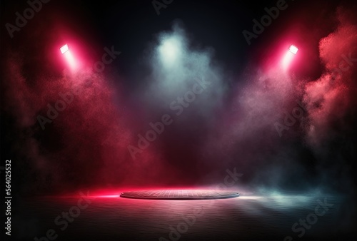 illustration of spotlights shine on stage floor in dark room, idea for background, backdrop Generative Ai