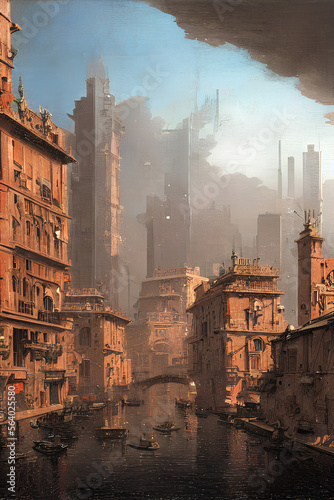 dystopian concept art of a futuristic city landscape in a cyberpunk themed sci fiction universe, Generative AI © strudel_art