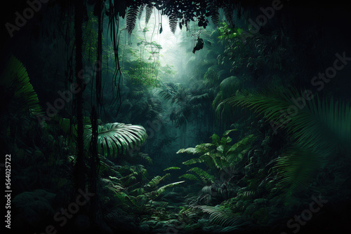 Night tropical jungle background. Atmospheric rainforest. AI