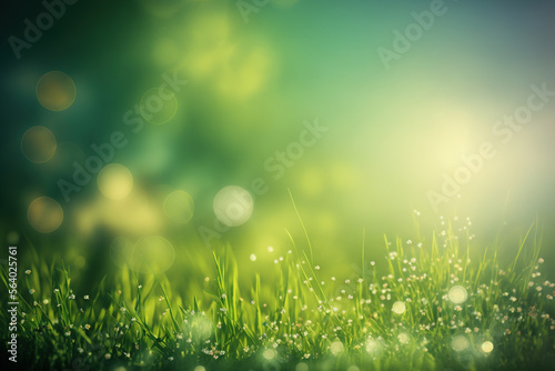 Fresh spring morning green grass with blurred background. AI 