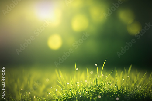 Fresh spring morning green grass with blurred background. AI 