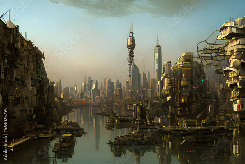 dystopian concept art of a futuristic city landscape in a cyberpunk themed sci fiction universe  Generative AI