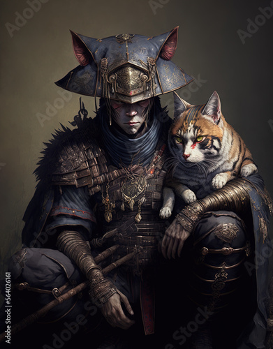 Samurai with his cat, fantasy character for board and role play games, warrior. Generative art.