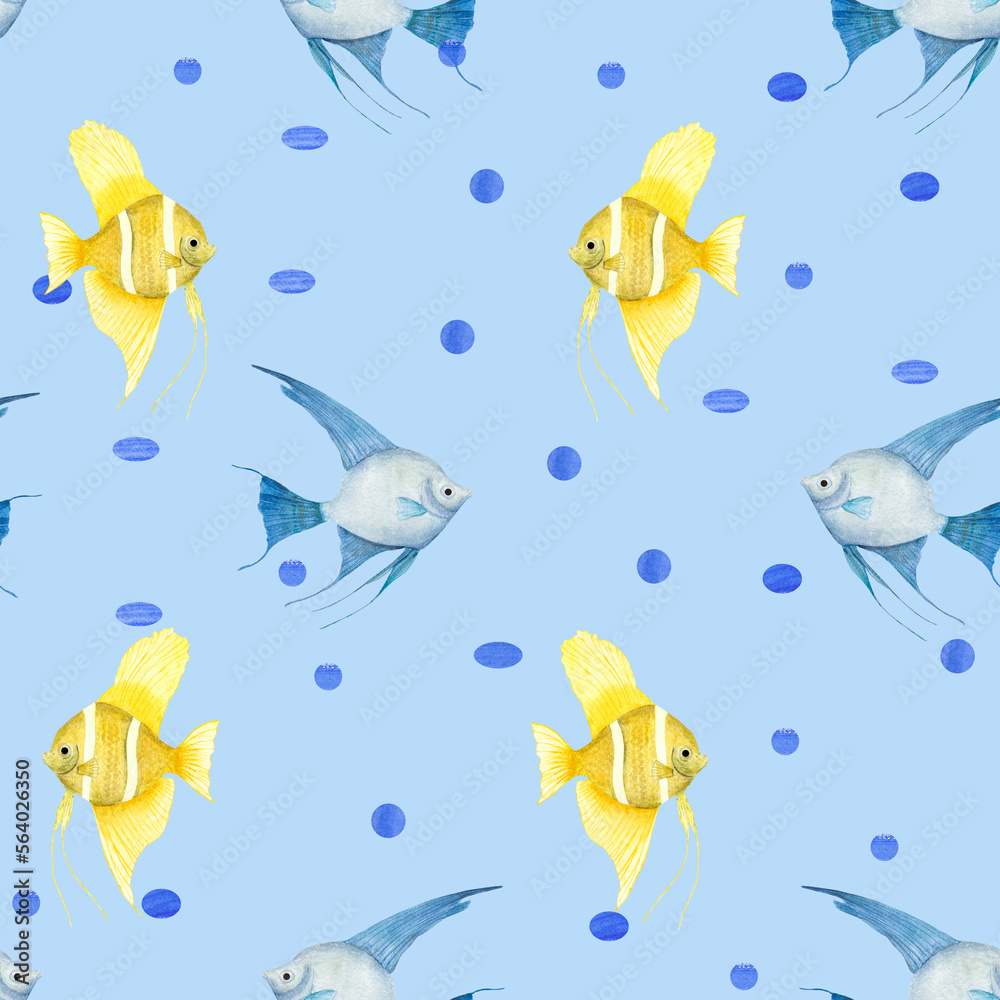Watercolor underwater seamless pattern of blue and yellow angelfishes on white background. Print for design, background, menus, souvenirs, decor, wallpaper, fabric, textile, wrapping.