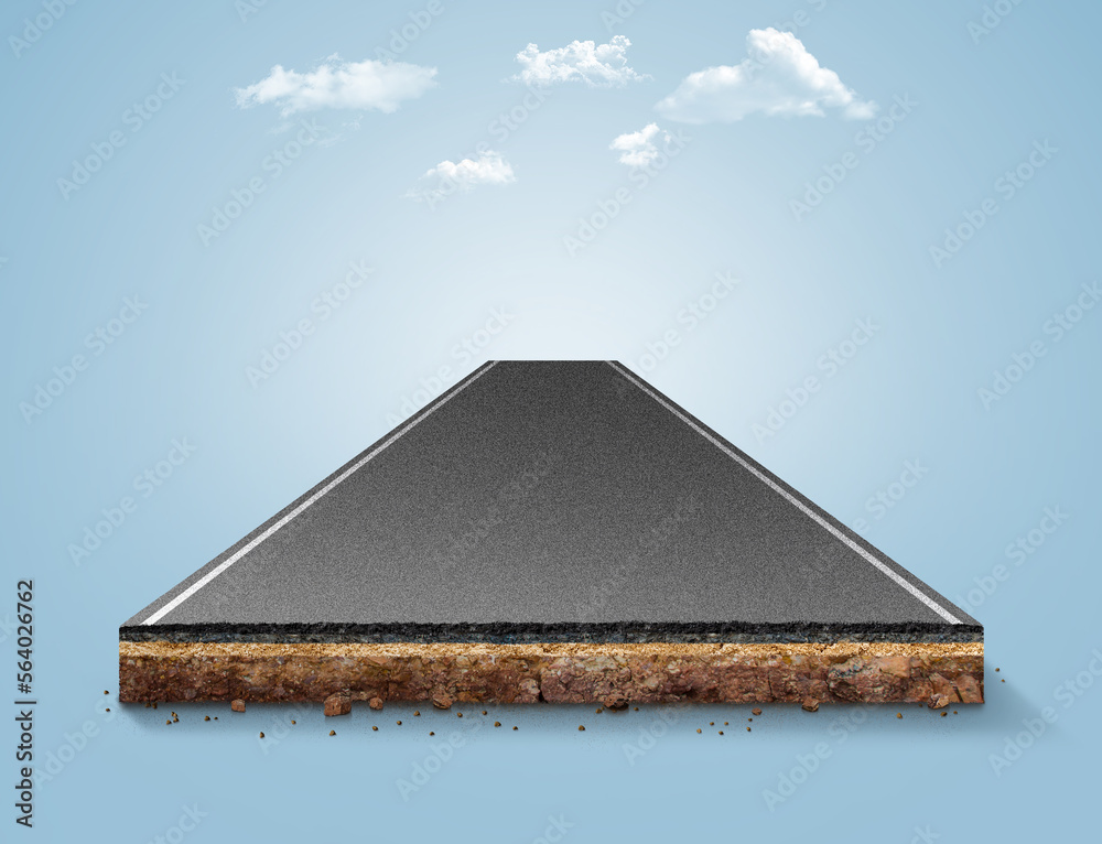 3D illustration of isometric piece of road with soil section. 3D ...