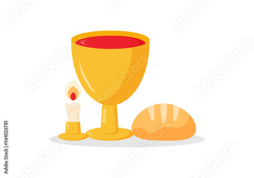 Christian greeting card or banner of the Holy Week before Easter. Wine, bread and candle. Vector illustration