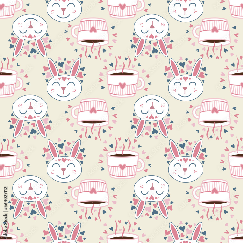 Valentines Day Rabbit in Love with Coffee Cup Seamless Pattern