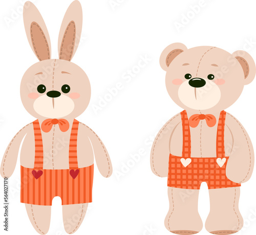 Vector hand-drawn illustration of cute teddy bears and a rabbit. Clipart for Valentine's day, birthday, Christmas, holiday. Doodle.