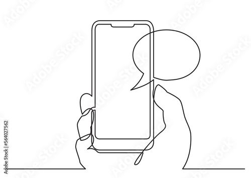 continuous line drawing vector illustration with FULLY EDITABLE STROKE of hand using social media mobile app on smart phone