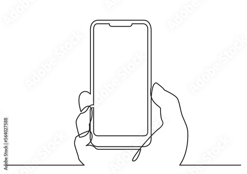 continuous line drawing vector illustration with FULLY EDITABLE STROKE of hand with modern mobile phone