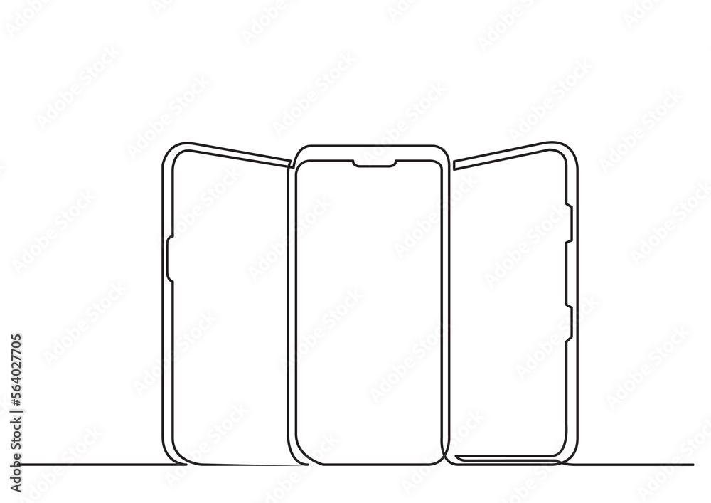 continuous line drawing vector illustration with FULLY EDITABLE STROKE of three standing vertical smart phones continuous line drawing vector illustration with FULLY EDITABLE STROKE of three standing vertical smart phones