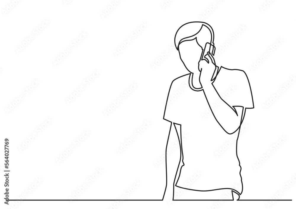 continuous line drawing vector illustration with FULLY EDITABLE STROKE of young man talking on phone