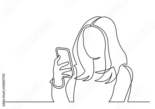 continuous line drawing vector illustration with FULLY EDITABLE STROKE of woman reading mobile phone