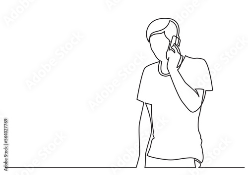 continuous line drawing vector illustration with FULLY EDITABLE STROKE of young man talking on phone