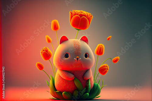 Chinese Tulipflower Kitty Monster Mascotte | Generative AI photo