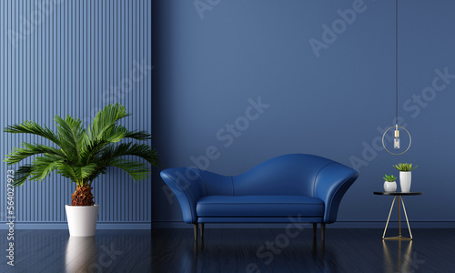 Blue sofa in blue living room with copy space for mock up, 3D rendering