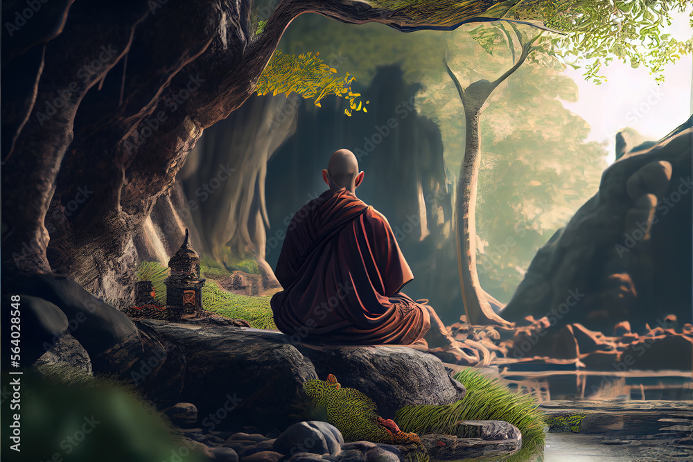 A Buddhist monk meditating in a serene natural setting.  Religious observance and mindfulness. Generative AI