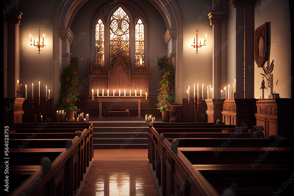 Fototapeta premium A Christian church lit by candlelight, with pews and an altar visible. Religious observance and community. Generative AI
