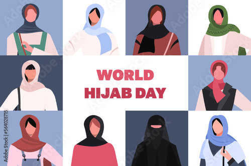 Portraits of young Muslim women in traditional hijabs and trendy clothes. World hijab day. Flat graphic vector illustration isolated on white background. 