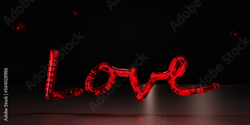 3d render text love with low light and scattered drops that may be blood. photo