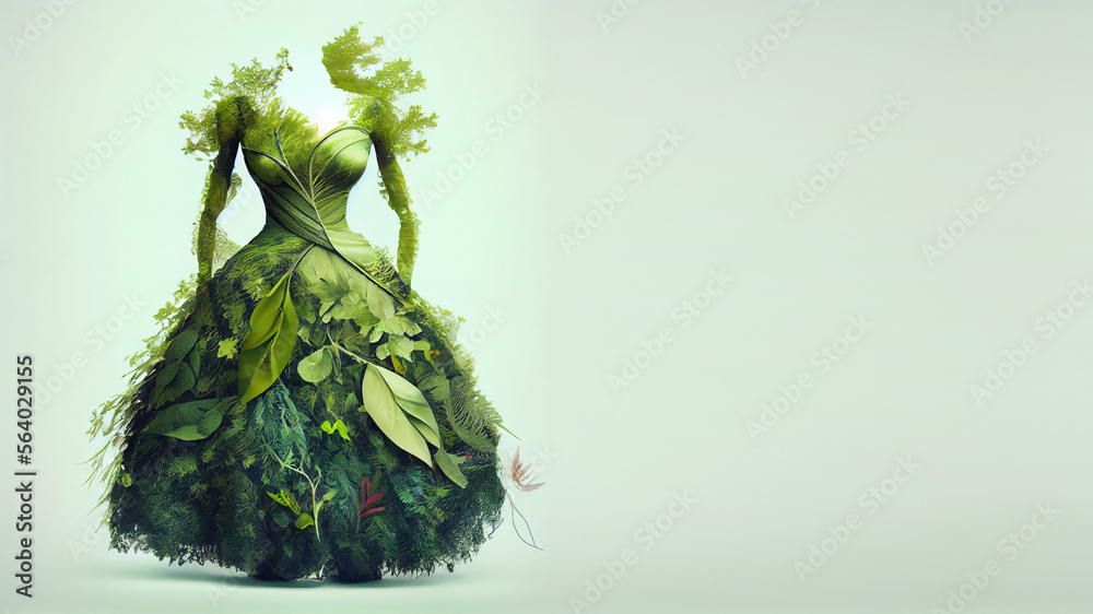 Dress made of fresh green leafs and plants, sustainable clothes concept. Generative AI - obrazy, fototapety, plakaty 