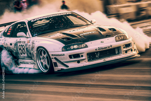 Tuned Toyota Supra drifting through Los Angeles. Generative AI.  photo