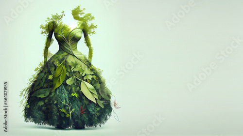 Dress made of fresh green leafs and plants, sustainable clothes concept. Generative AI © Pavel