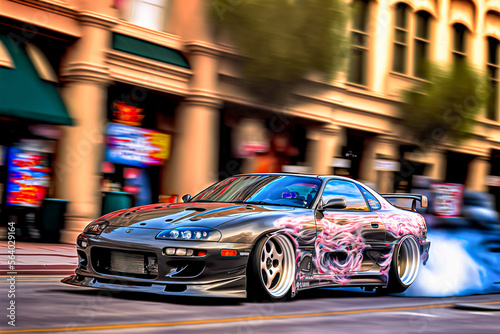 Tuned Toyota Supra drifting through Los Angeles. Generative AI.  photo