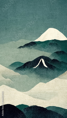 Abstract art of mountain landscape watercolor ink style, simple Japan nature background. Generative AI.