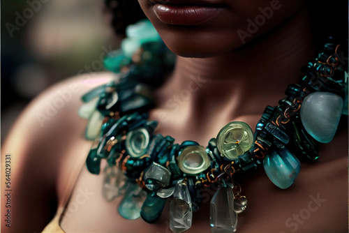 A close-up shot of a fashion accessory made from recycled materials, such as a necklace made from plastic bottles. Generative AI photo
