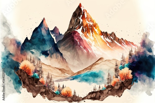 Majestic mountains. Luxurious mountainous terrain in oriental style. Watercolor mountain background. Wallpaper design, prints and invitations, postcards. AI