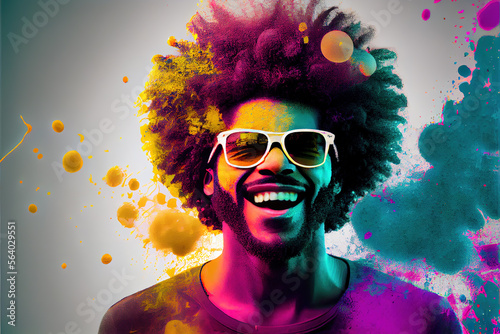 Double exposure of happy smiling black man with afro hair and colour splash  Holi festival. Generative AI