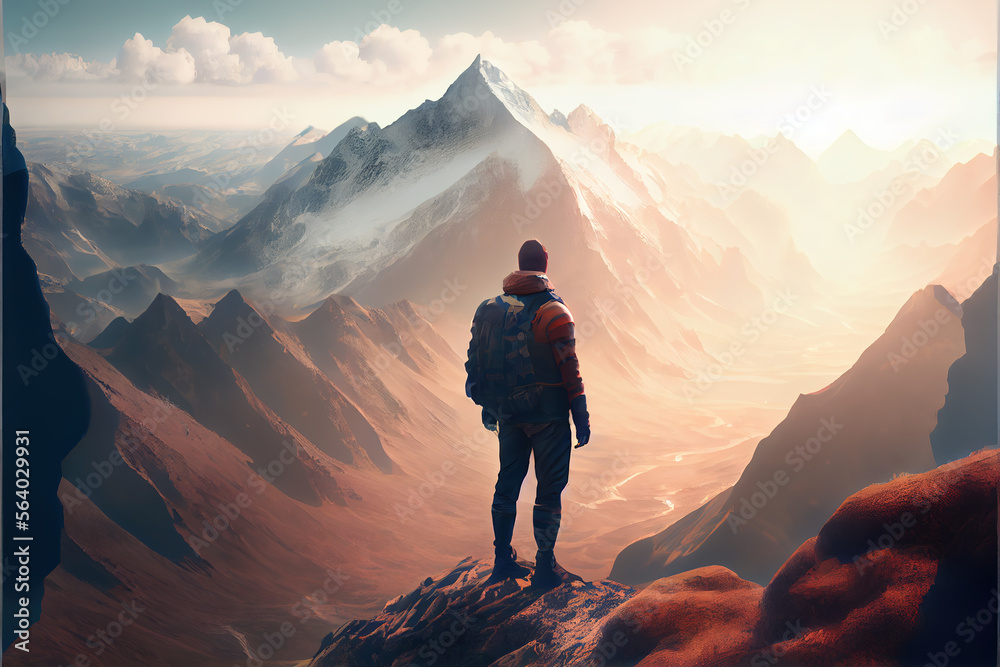 A hiker standing on top of a mountain, looking out at the view. Generative AI