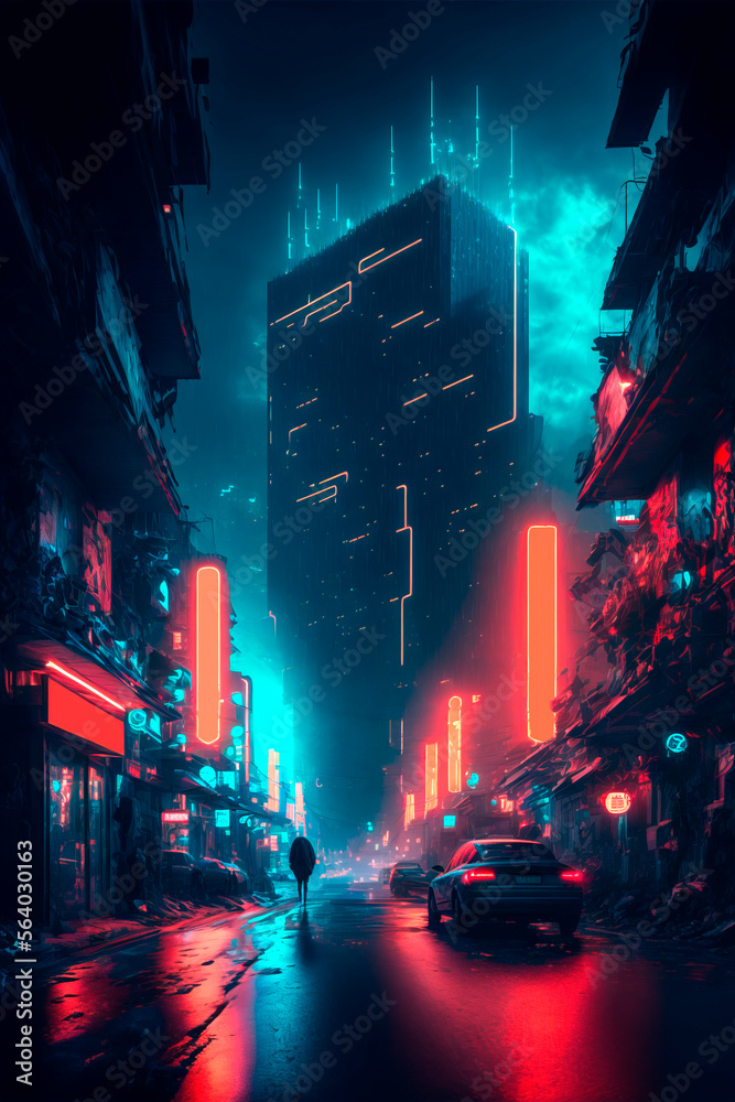 Night city lights. Neon urban future. Futuristic city in a cyberpunk