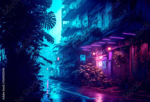 Night city lights. Neon urban future. Futuristic city in a cyberpunk style. Photorealistic Generative AI illustration. Futuristic skyscrapers with neon lights.