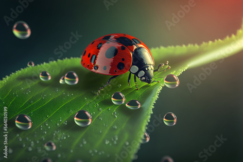 ladybug on leaf with water drops - Generative AI