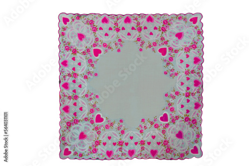 Square fabric with round text space in the middle of a vintage hanky heart print. Pink or blue available.
