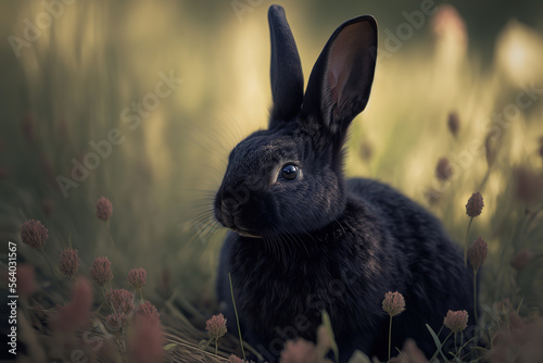 a small black rabbit sitting in the grass, art illustration  © vvalentine