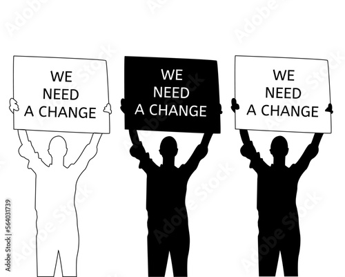 Vector illustration of people with posters protesting in the street - we need a change