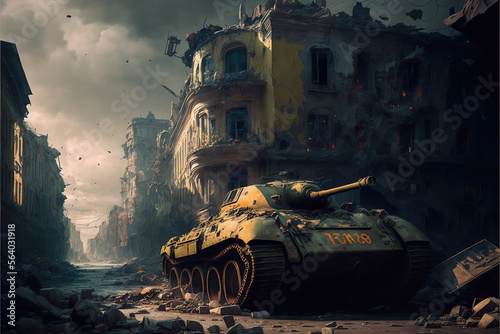 city destroyed by war. Tank, ruins and wreckage