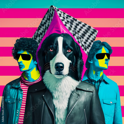 Abstract Funky Dogs music band illustration, fashionable, retro pop and coroful pattern, anthropomorphic animal Generative AI photo