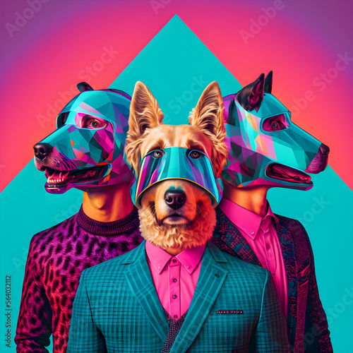 Abstract Funky Dogs music band illustration, fashionable, retro pop and coroful pattern, anthropomorphic animal Generative AI photo