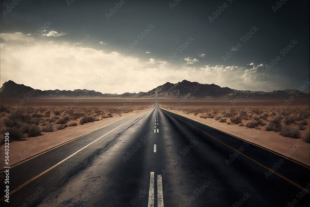  a long road with a sky background and mountains in the distance with clouds in the sky and a few cars on the road in the middle of the road, with a dark sky with a few clouds. Generative AI