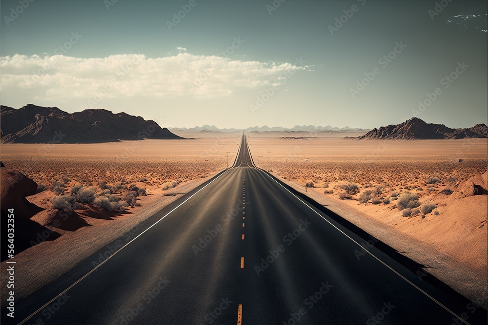 Naklejka premium a long road in the middle of a desert with mountains in the background and a sky with clouds above it and a few clouds in the sky above the road line with a line. Generative AI