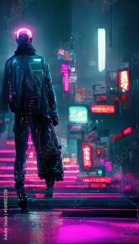Cyber robotic concept in night city cyberpunk futuristic illustration Generative AI