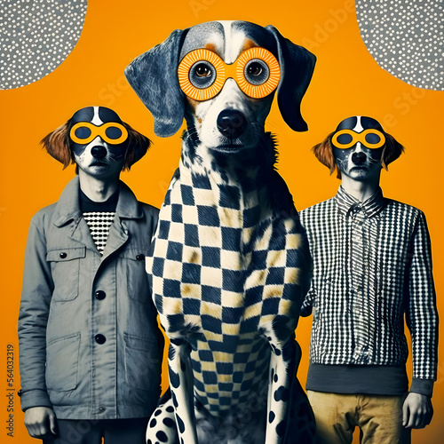 Abstract Funky Dogs music band illustration, fashionable, retro pop and coroful pattern, anthropomorphic animal Generative AI © PaputekWallArt