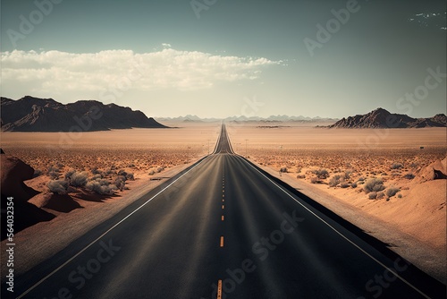  a long road in the middle of a desert with mountains in the background and a sky with clouds above it and a few clouds in the sky above the road line with a line. Generative AI