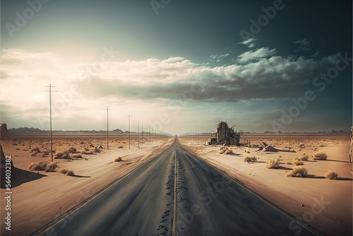  a desert road with a lone car on it and a sky background with clouds in the distance with a few telephone poles in the distance with a few clouds in the sky with a few. Generative AI